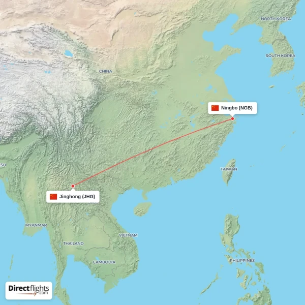 Jinghong - Ningbo direct flight map