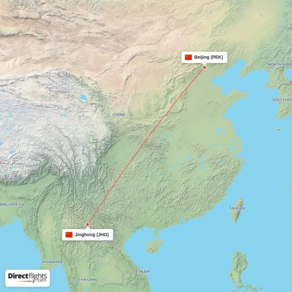 Jinghong - Beijing direct flight map