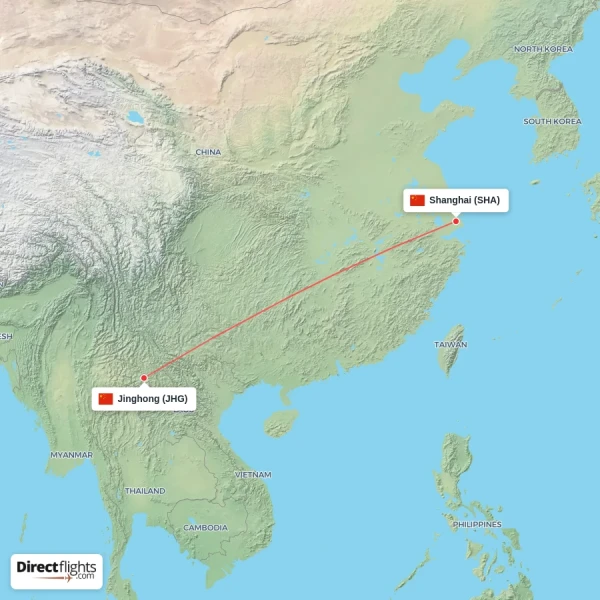 Jinghong - Shanghai direct flight map