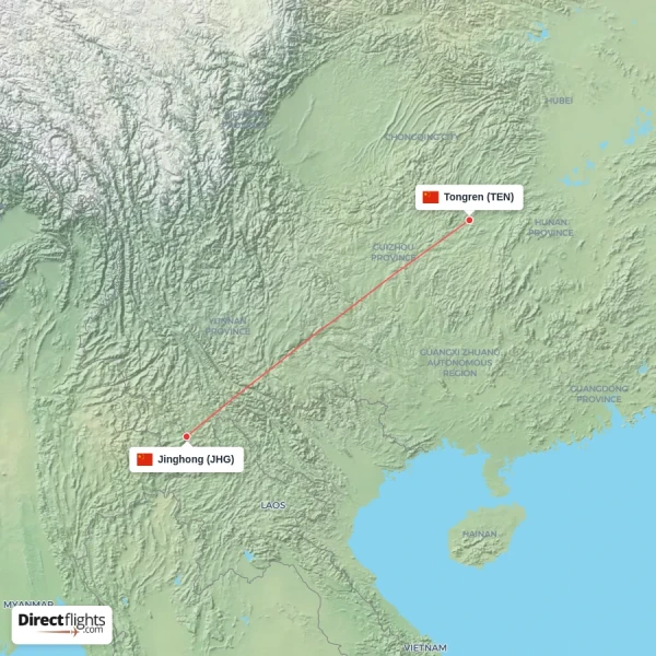 Jinghong - Tongren direct flight map
