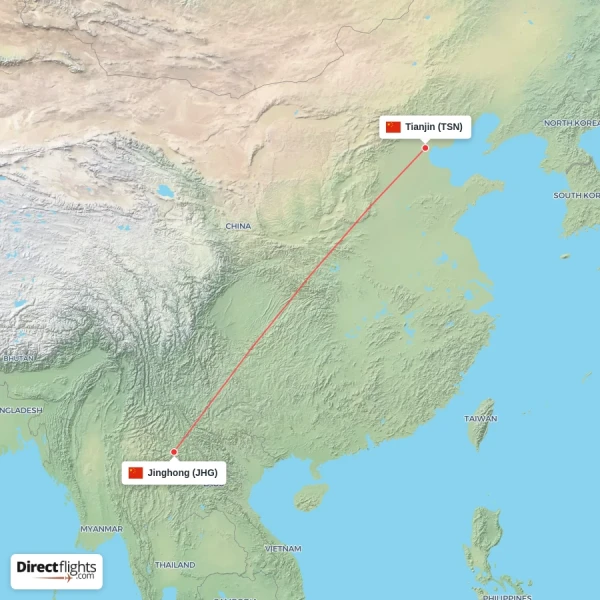 Jinghong - Tianjin direct flight map