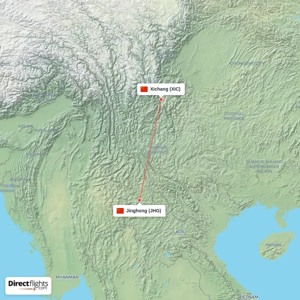 Jinghong - Xichang direct flight map