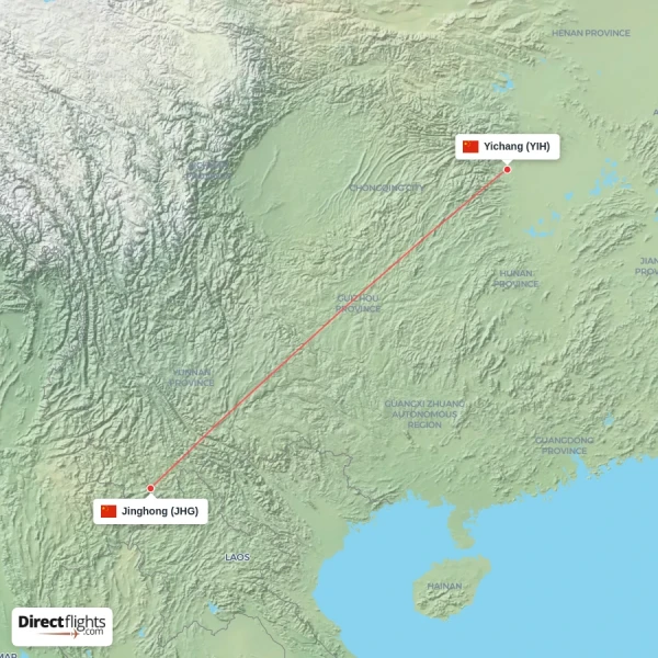 Jinghong - Yichang direct flight map