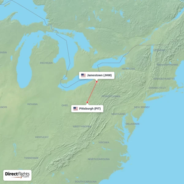 Jamestown - Pittsburgh direct flight map