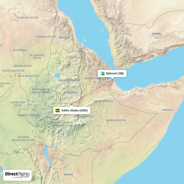 Djibouti - Addis Ababa direct flight map