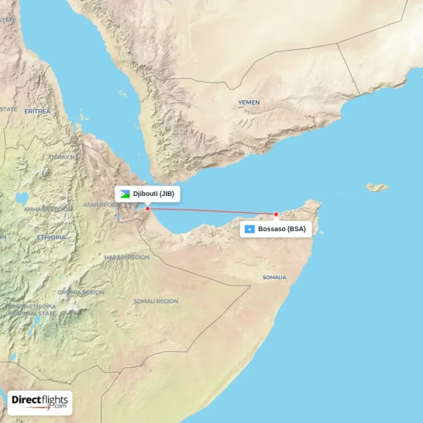 Djibouti - Bossaso direct flight map