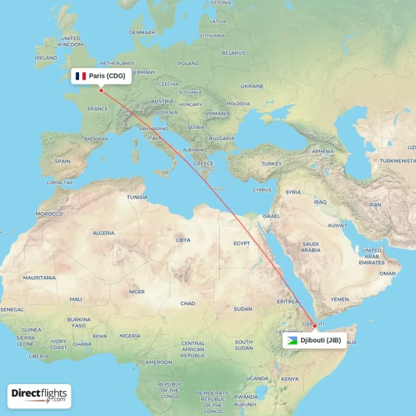 Djibouti - Paris direct flight map