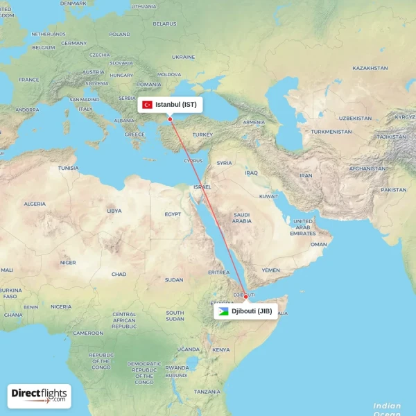 Djibouti - Istanbul direct flight map