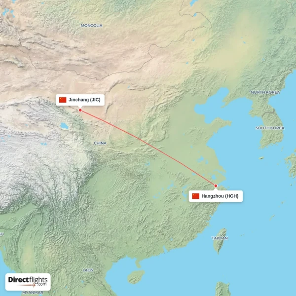 Jinchang - Hangzhou direct flight map