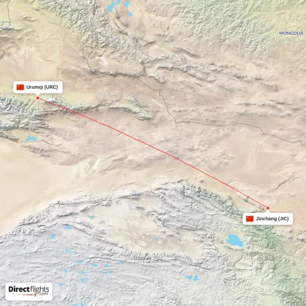 Jinchang - Urumqi direct flight map