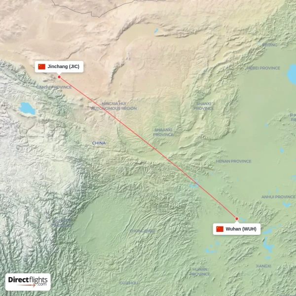 Jinchang - Wuhan direct flight map
