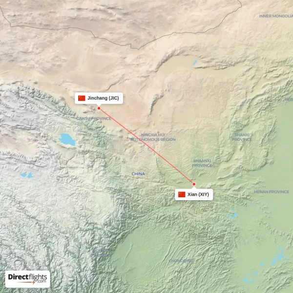 Jinchang - Xian direct flight map