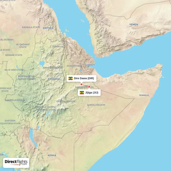Jijiga - Dire Dawa direct flight map