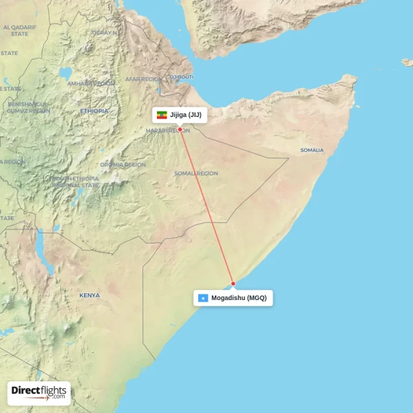 Jijiga - Mogadishu direct flight map