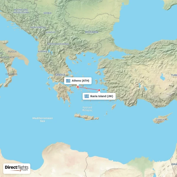 Ikaria Island - Athens direct flight map