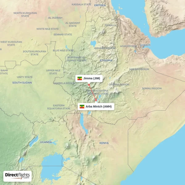 Jimma - Arba Mintch direct flight map
