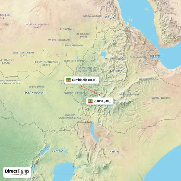 Jimma - Dembidollo direct flight map