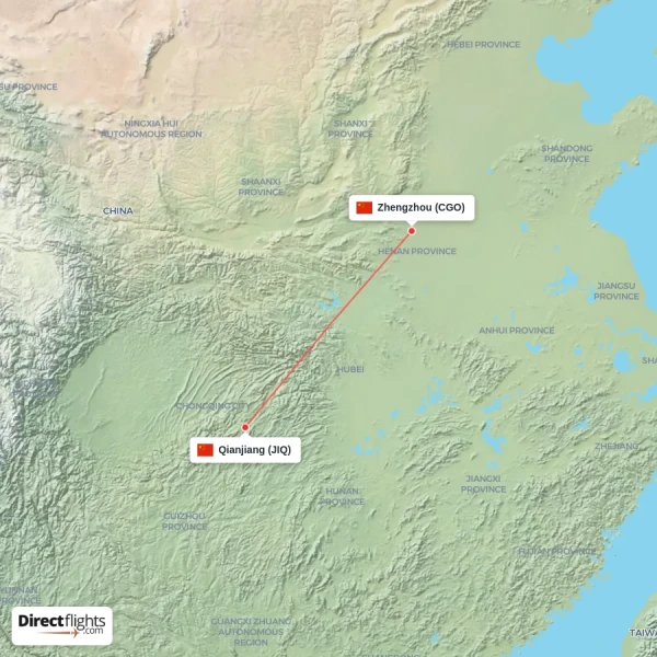 Qianjiang - Zhengzhou direct flight map
