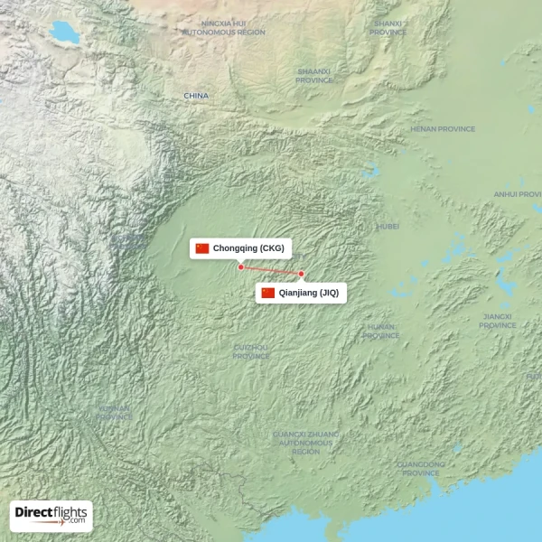 Qianjiang - Chongqing direct flight map