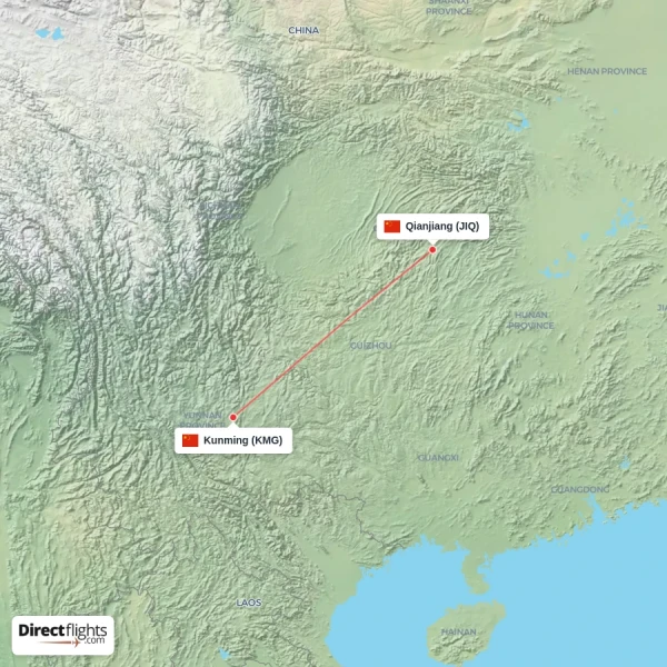 Qianjiang - Kunming direct flight map