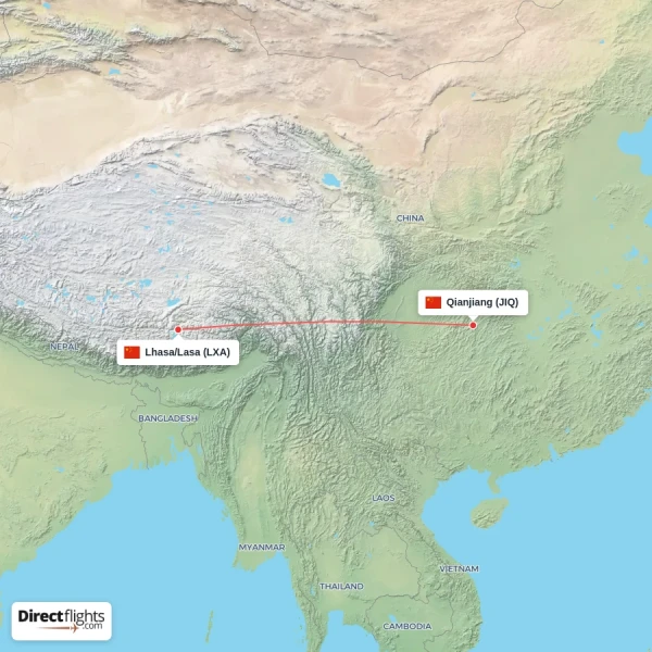 Qianjiang - Lhasa/Lasa direct flight map
