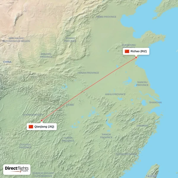 Qianjiang - Rizhao direct flight map