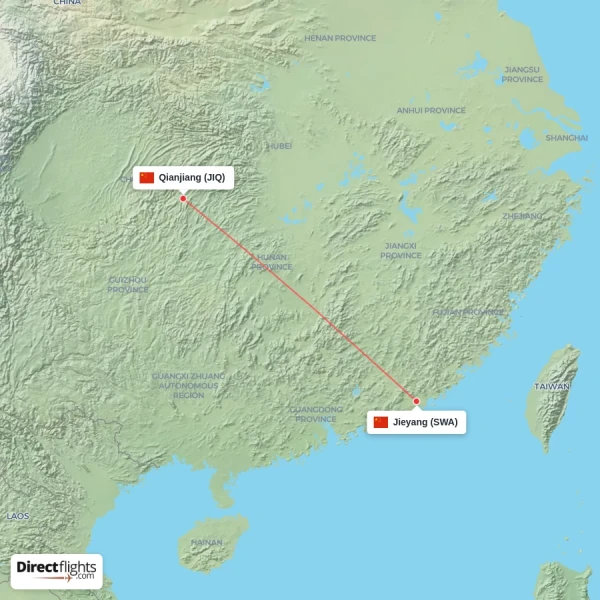 Qianjiang - Jieyang direct flight map