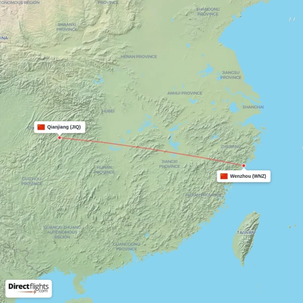 Qianjiang - Wenzhou direct flight map