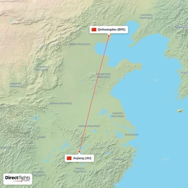 Jiujiang - Qinhuangdao direct flight map