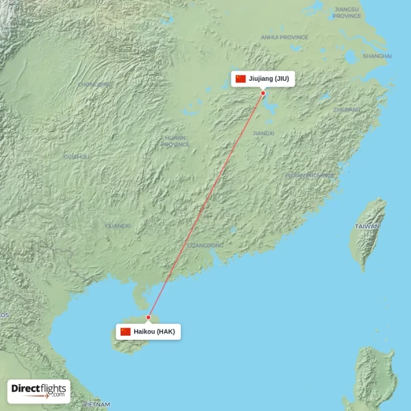 Jiujiang - Haikou direct flight map