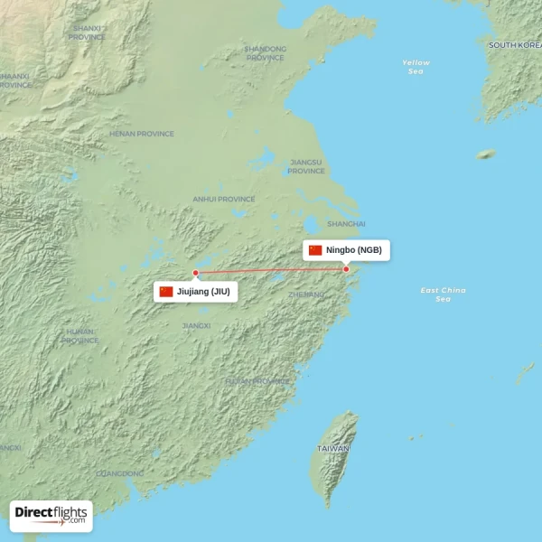 Jiujiang - Ningbo direct flight map