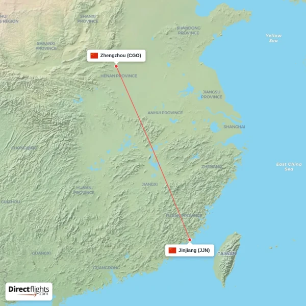 Jinjiang - Zhengzhou direct flight map