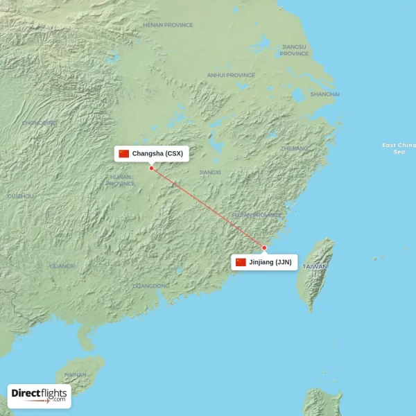 Jinjiang - Changsha direct flight map