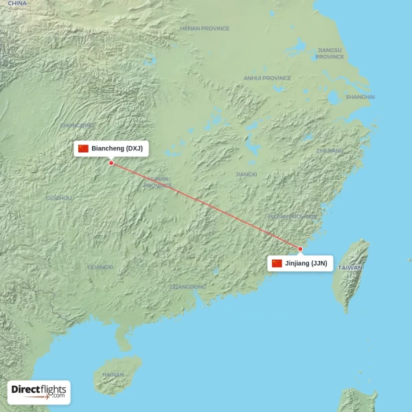 Jinjiang - Biancheng direct flight map
