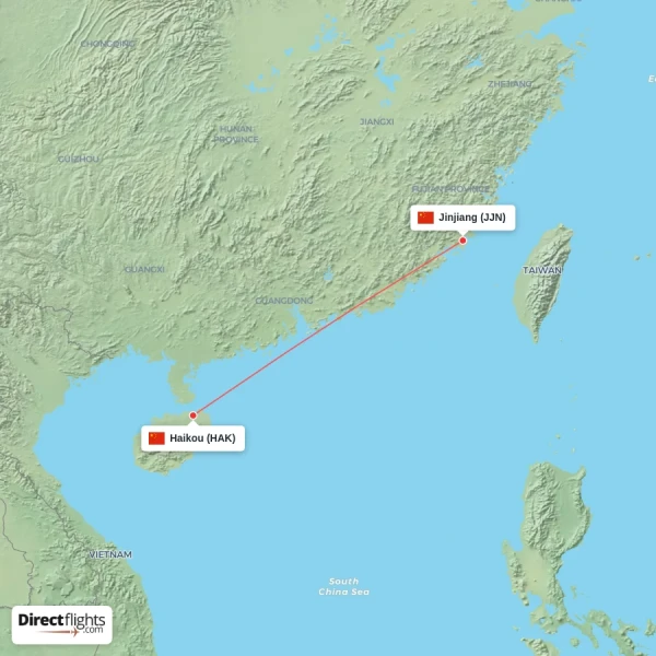 Jinjiang - Haikou direct flight map