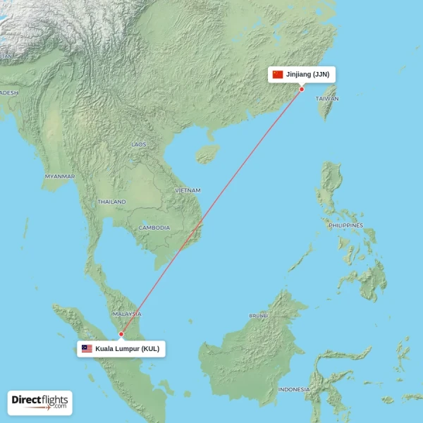 Jinjiang - Kuala Lumpur direct flight map