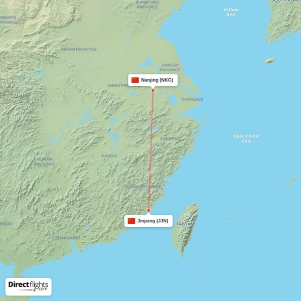 Jinjiang - Nanjing direct flight map