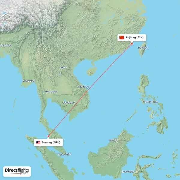 Jinjiang - Penang direct flight map