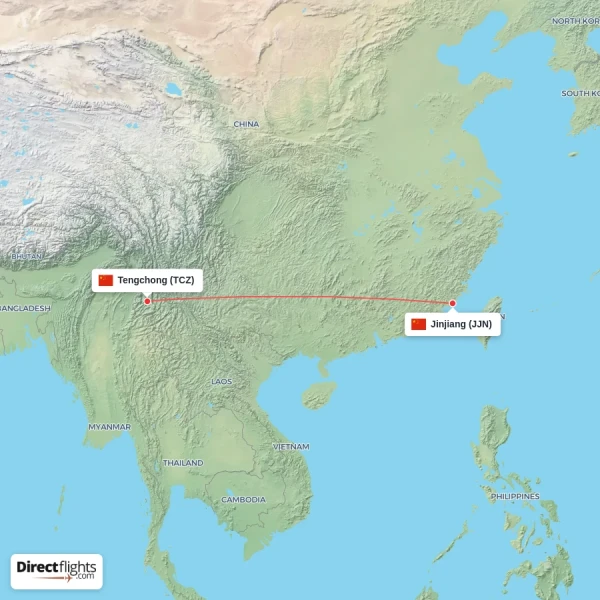 Jinjiang - Tengchong direct flight map