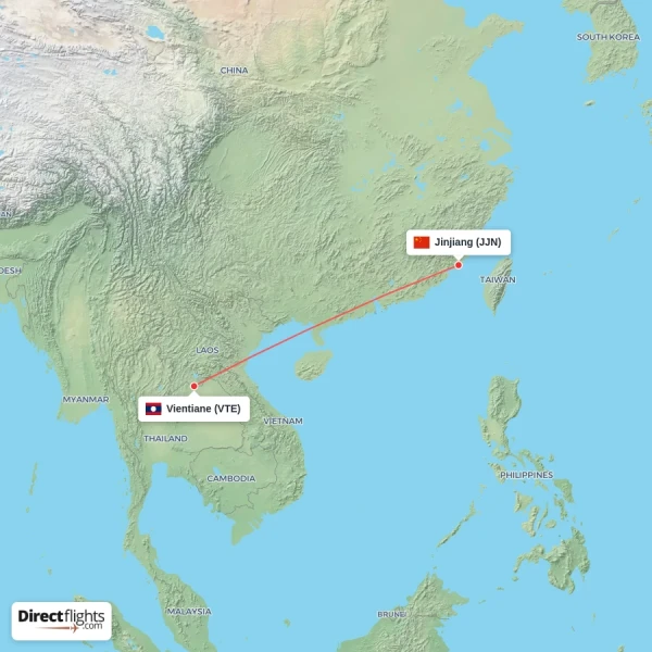 Jinjiang - Vientiane direct flight map