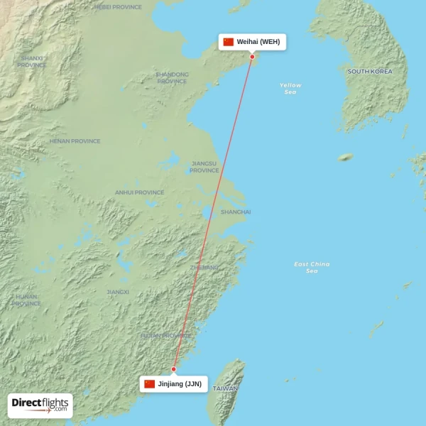Jinjiang - Weihai direct flight map