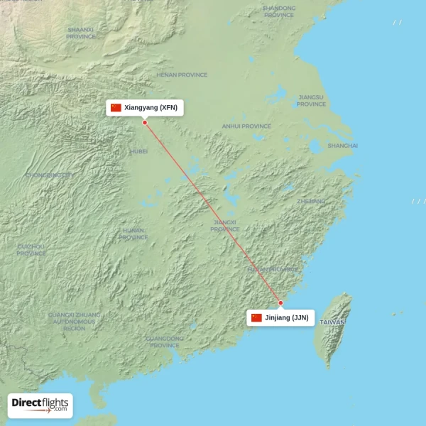Jinjiang - Xiangyang direct flight map