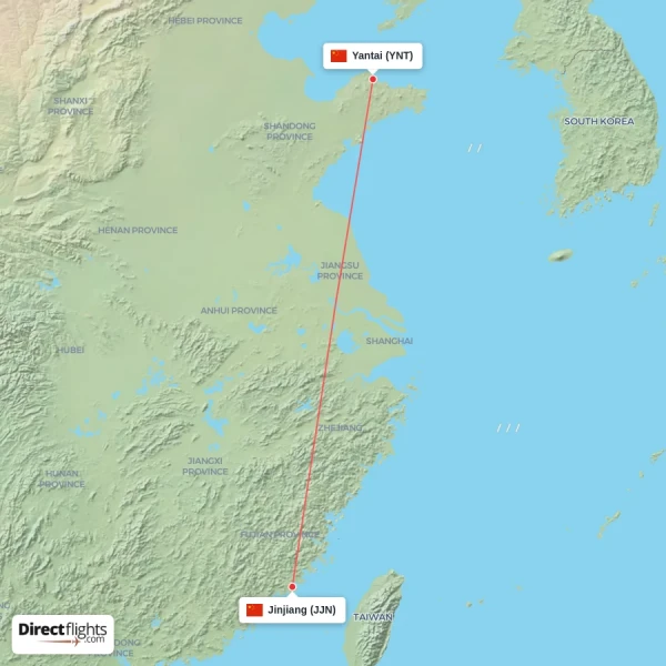 Jinjiang - Yantai direct flight map