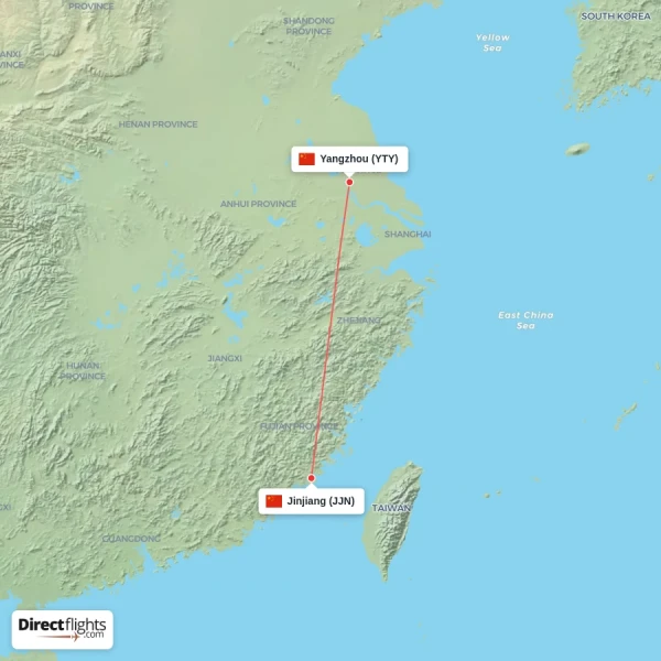 Jinjiang - Yangzhou direct flight map