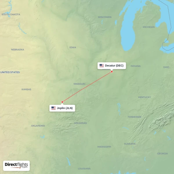 Joplin - Decatur direct flight map