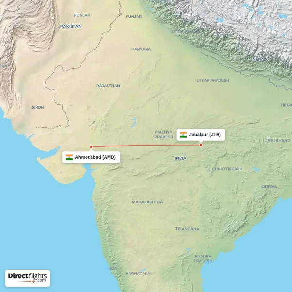 Jabalpur - Ahmedabad direct flight map