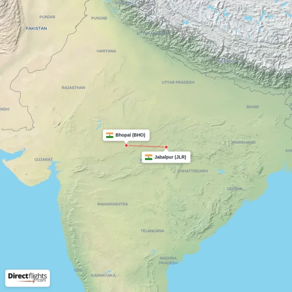 Jabalpur - Bhopal direct flight map
