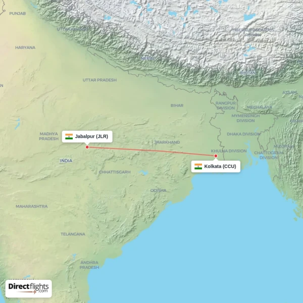 Jabalpur - Kolkata direct flight map
