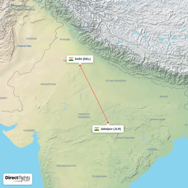 Jabalpur - Delhi direct flight map