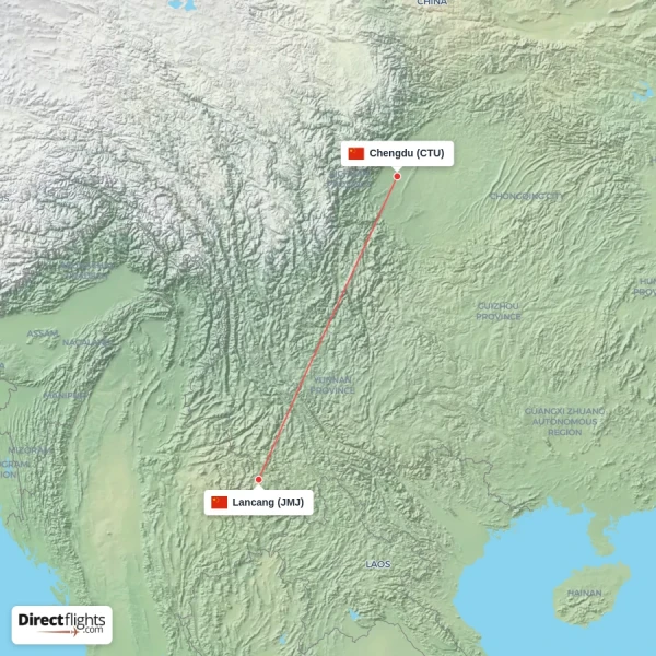 Lancang - Chengdu direct flight map